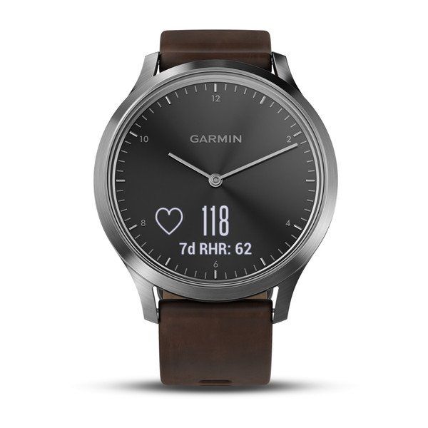Часы Garmin (Гармин) VIVOMOVE HR серебряные с темно - коричневым кожаным ремешком | Мототека